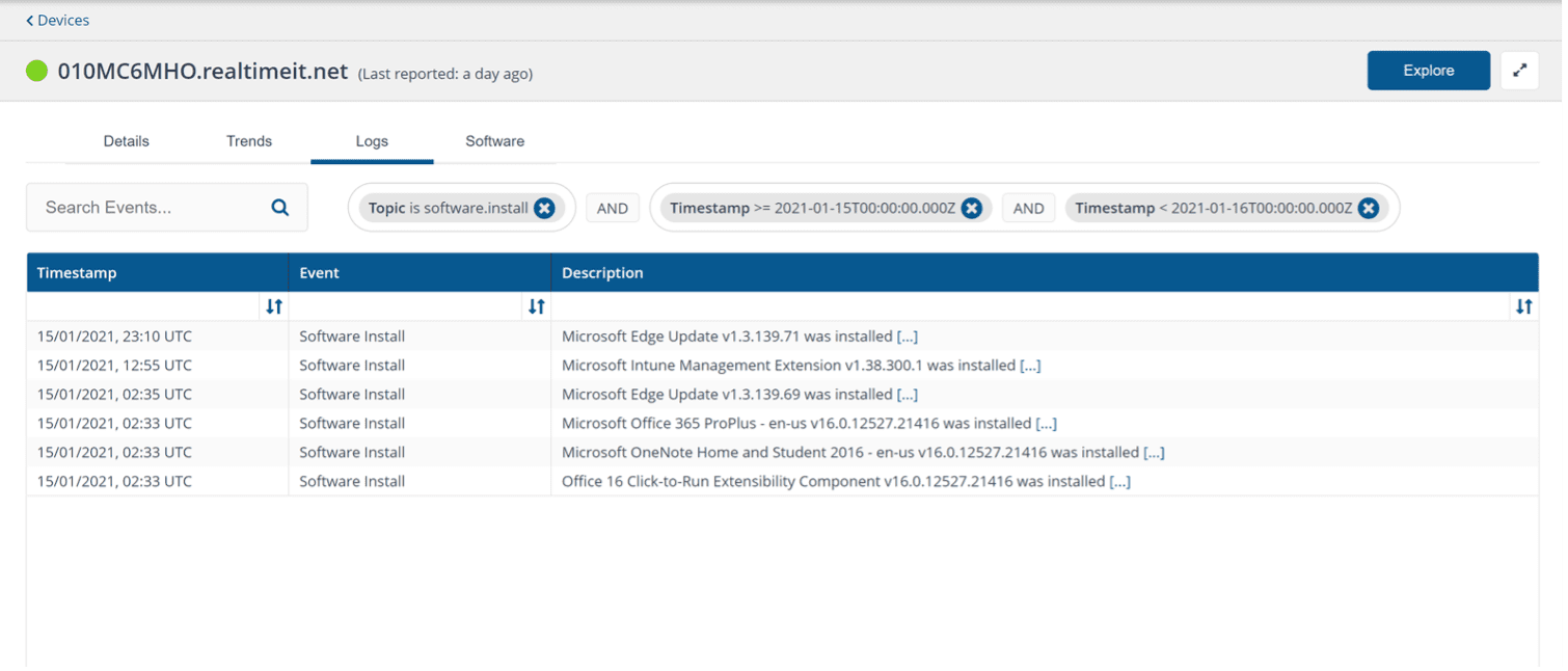 Logs screen that provides specific details of what happened